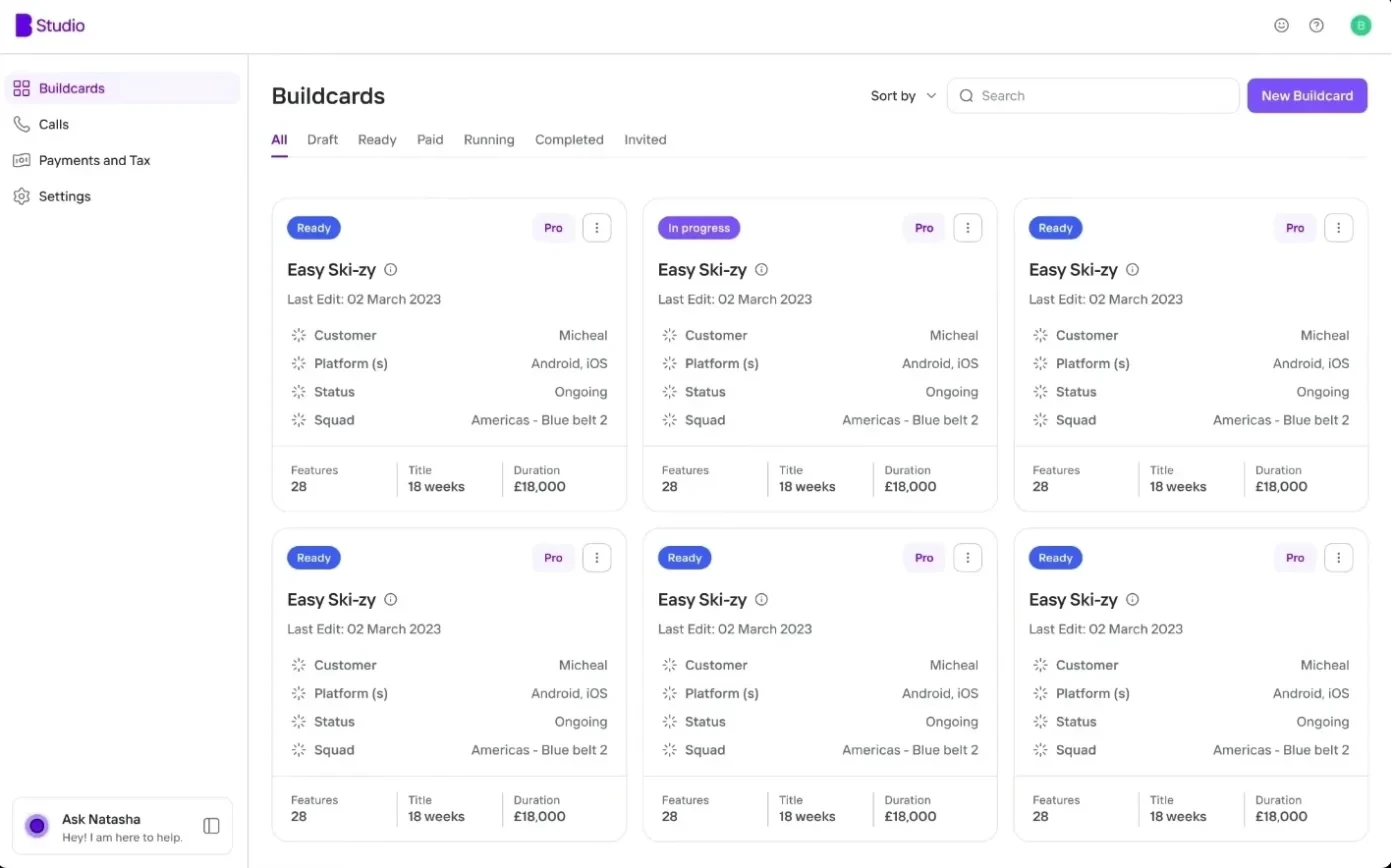 After: Buildcards list rebuilt with the Block Design System, lighter cards and consistent type