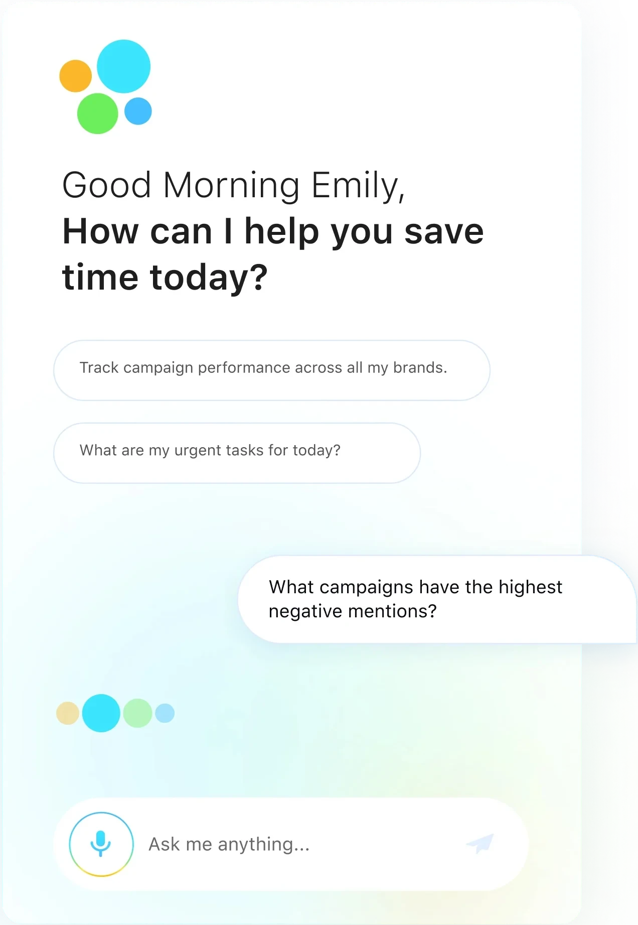 Co-pilot greeting panel: Good Morning Emily, how can I help you save time today, with suggested prompts