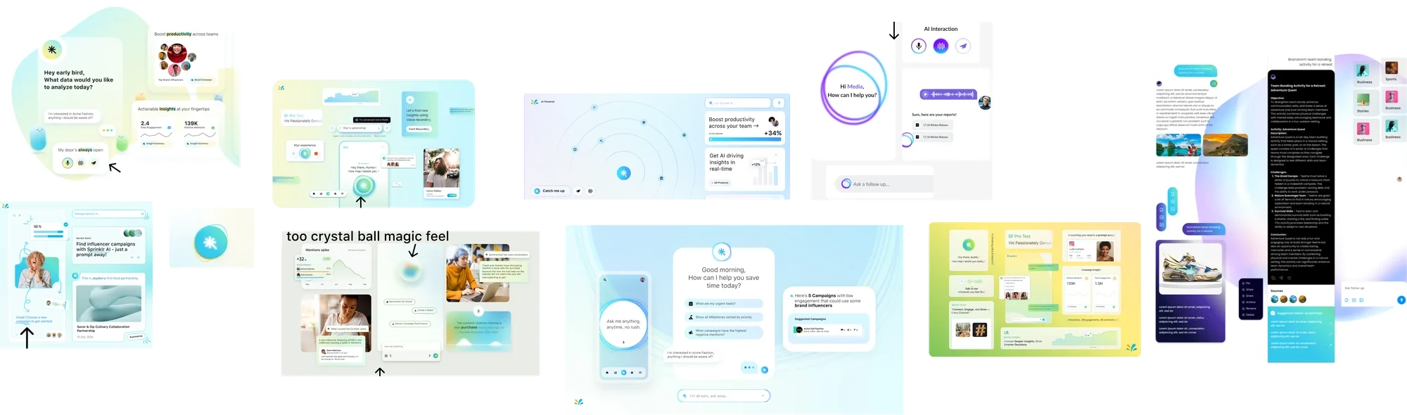 Early explorations of the AI interaction, including a rejected direction labelled too crystal ball magic feel