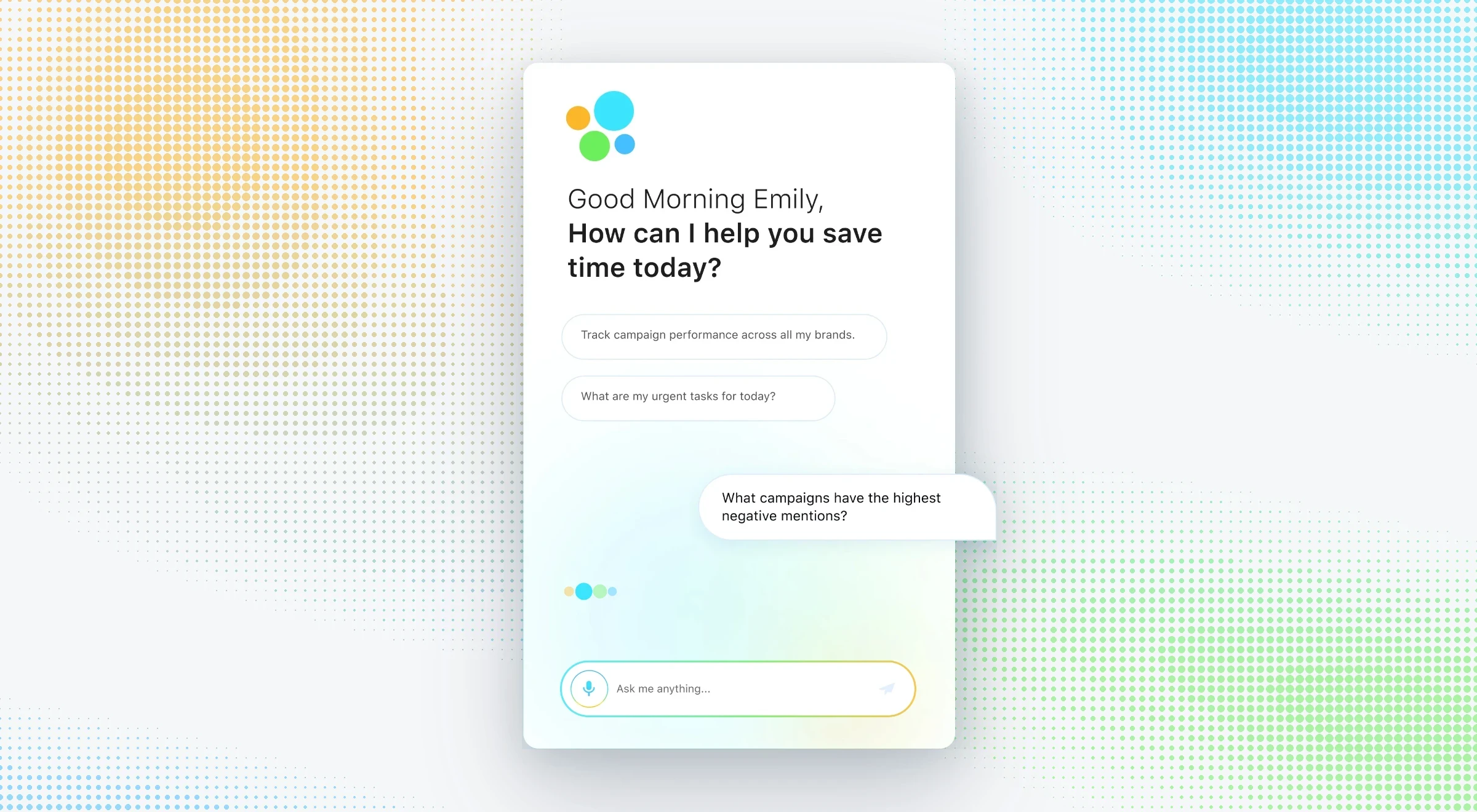 Sprinklr AI co-pilot: Good Morning Emily, How can I help you save time today?, with suggested prompts and a user asking which campaigns have the highest negative mentions