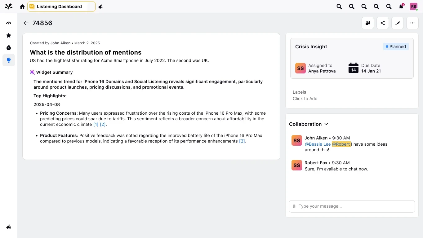 Single insight view: an insight about mention distribution with a widget summary and a collaboration thread