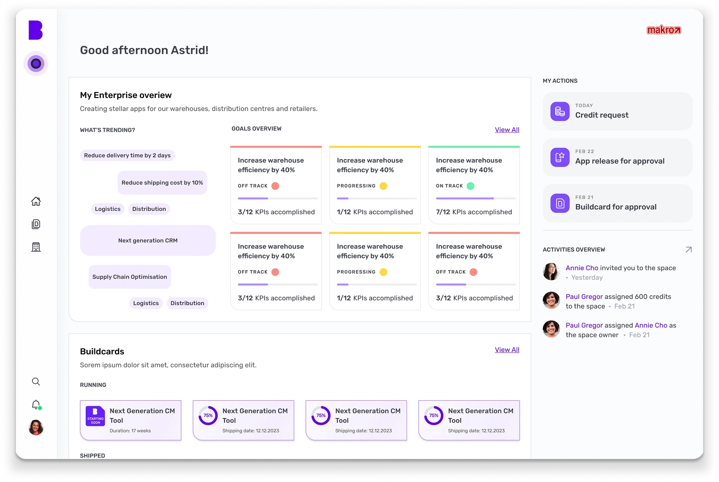 First iteration of the CIO dashboard: enterprise overview cards, actions and a list of Buildcards