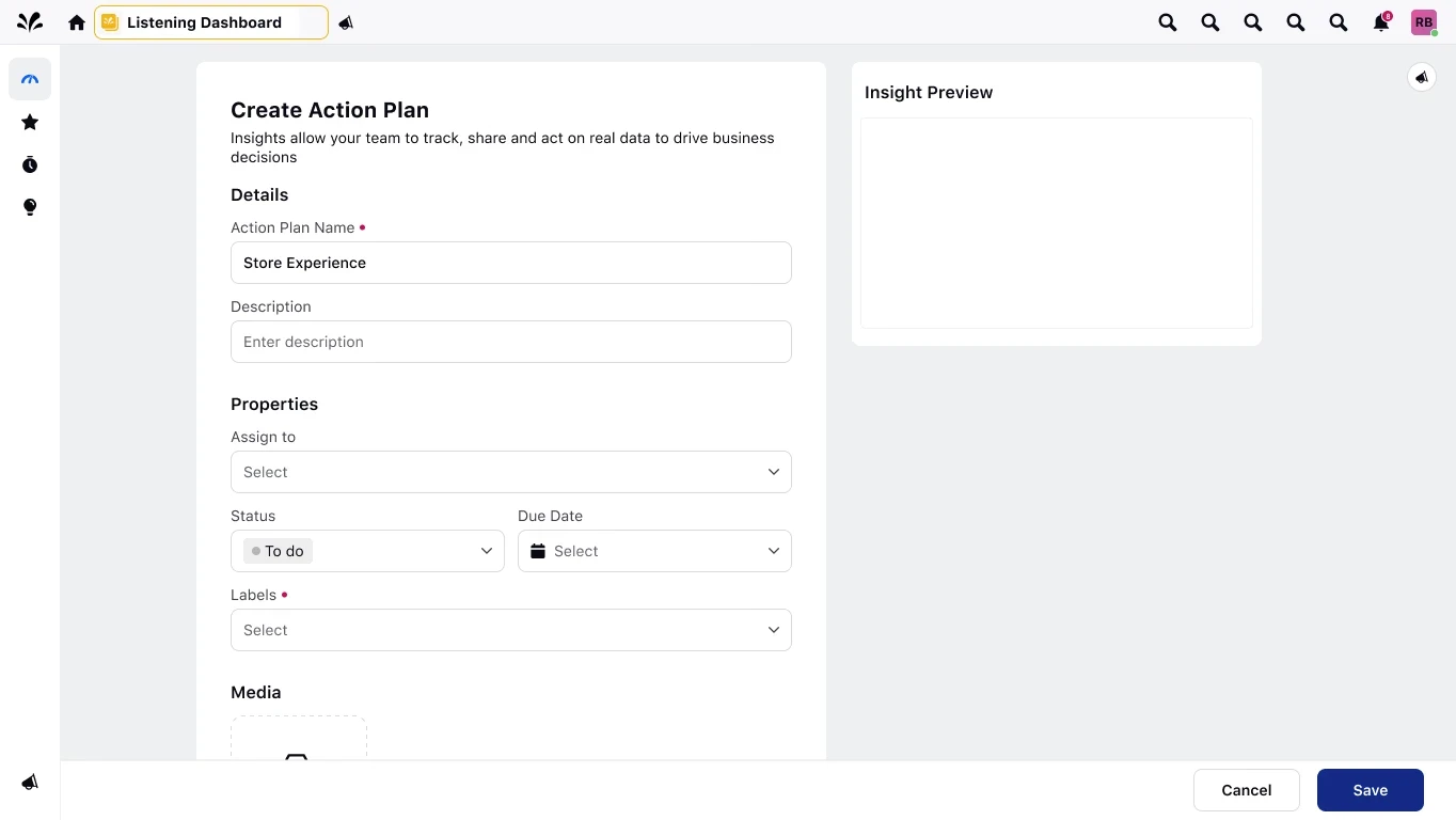 Create Action Plan form with name, description, assignee, status, due date and labels