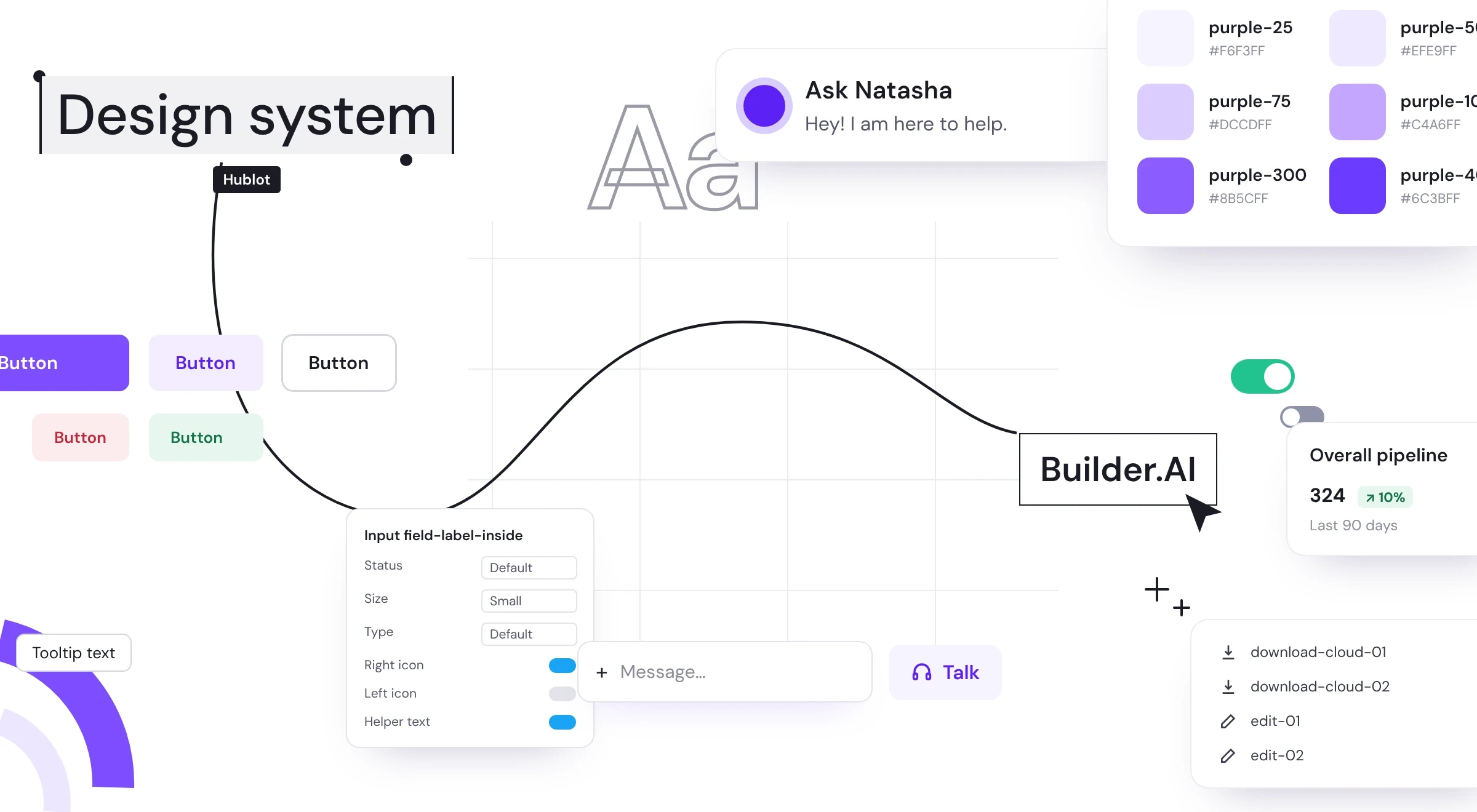 Block Design System collage: the Hublot design system label, buttons, purple colour tokens, Ask Natasha, input field settings, toggles and icons