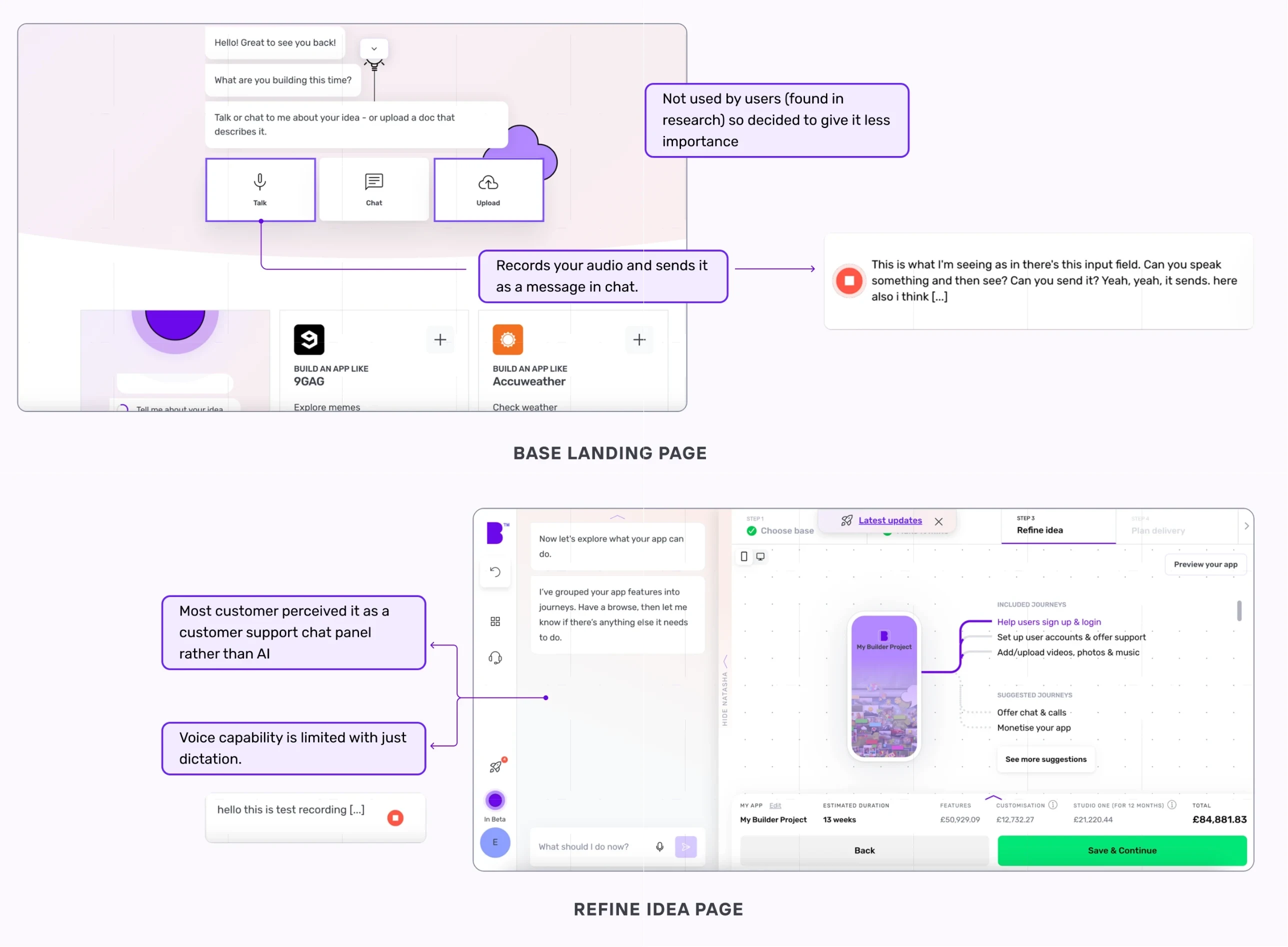 Annotated base landing page and refine idea page, with research notes: upload not used, audio sent as a chat message, seen as a support panel, voice limited to dictation