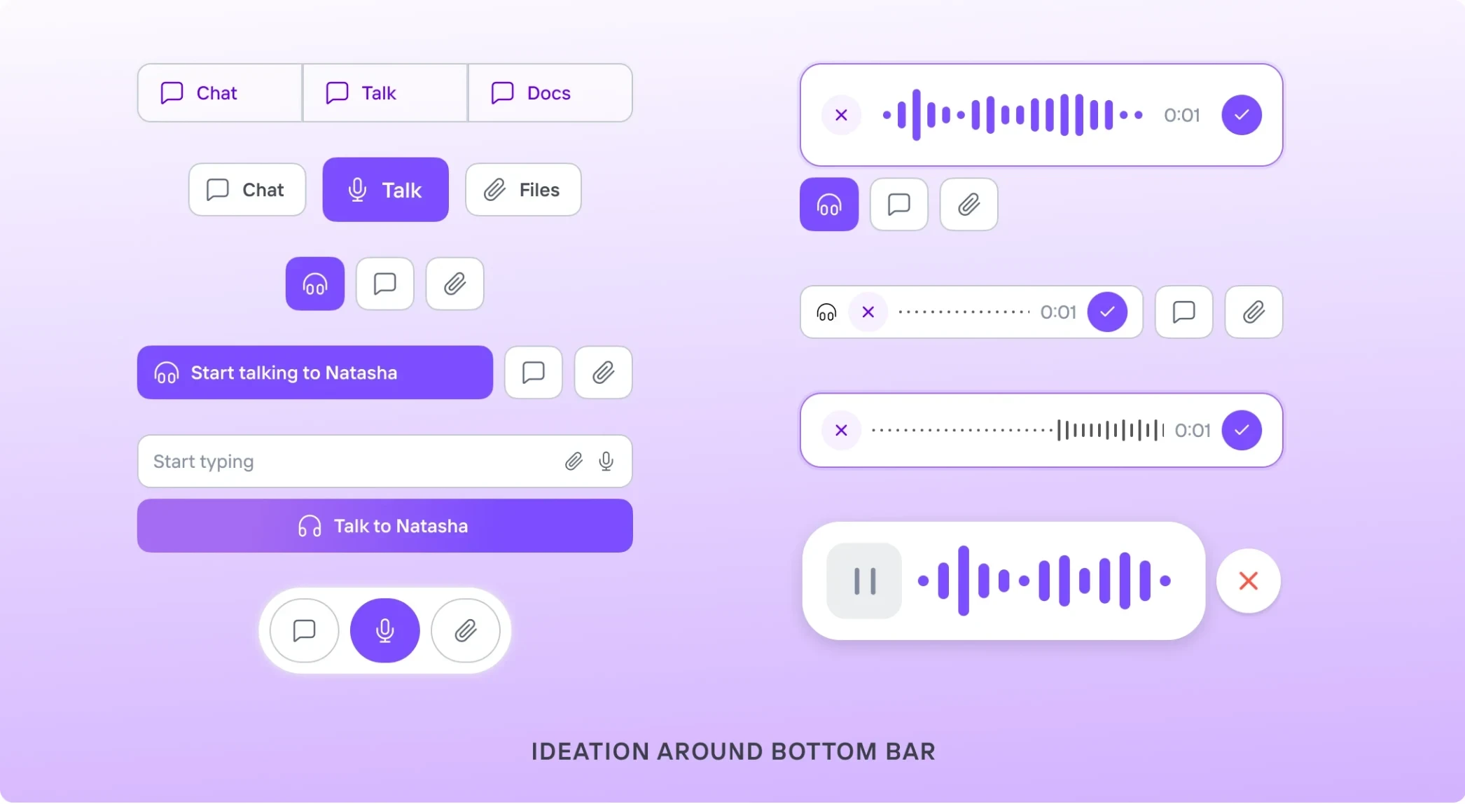 Explorations of the bottom bar: chat, talk and files buttons, Talk to Natasha, and recording bars with waveforms