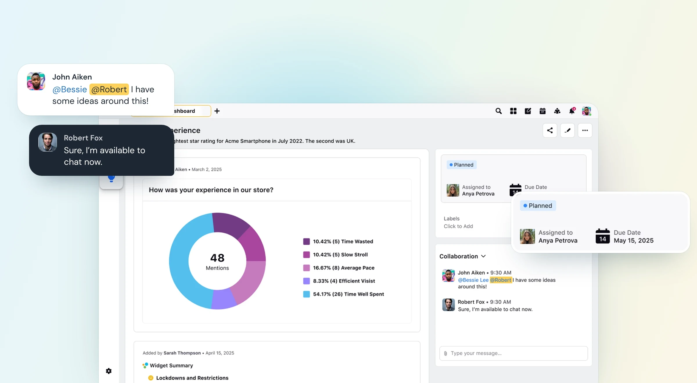 Sprinklr Store Experience insight with a 48 mentions donut chart, the team discussing it and an action plan assigned to Anya Petrova