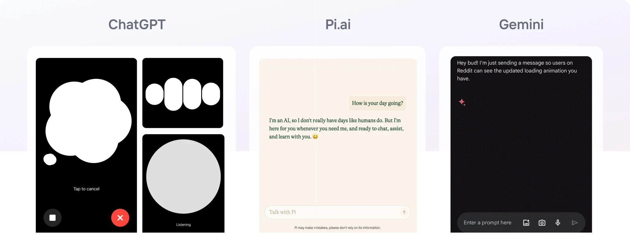 Voice interfaces from ChatGPT, Pi.ai and Gemini used as inspiration
