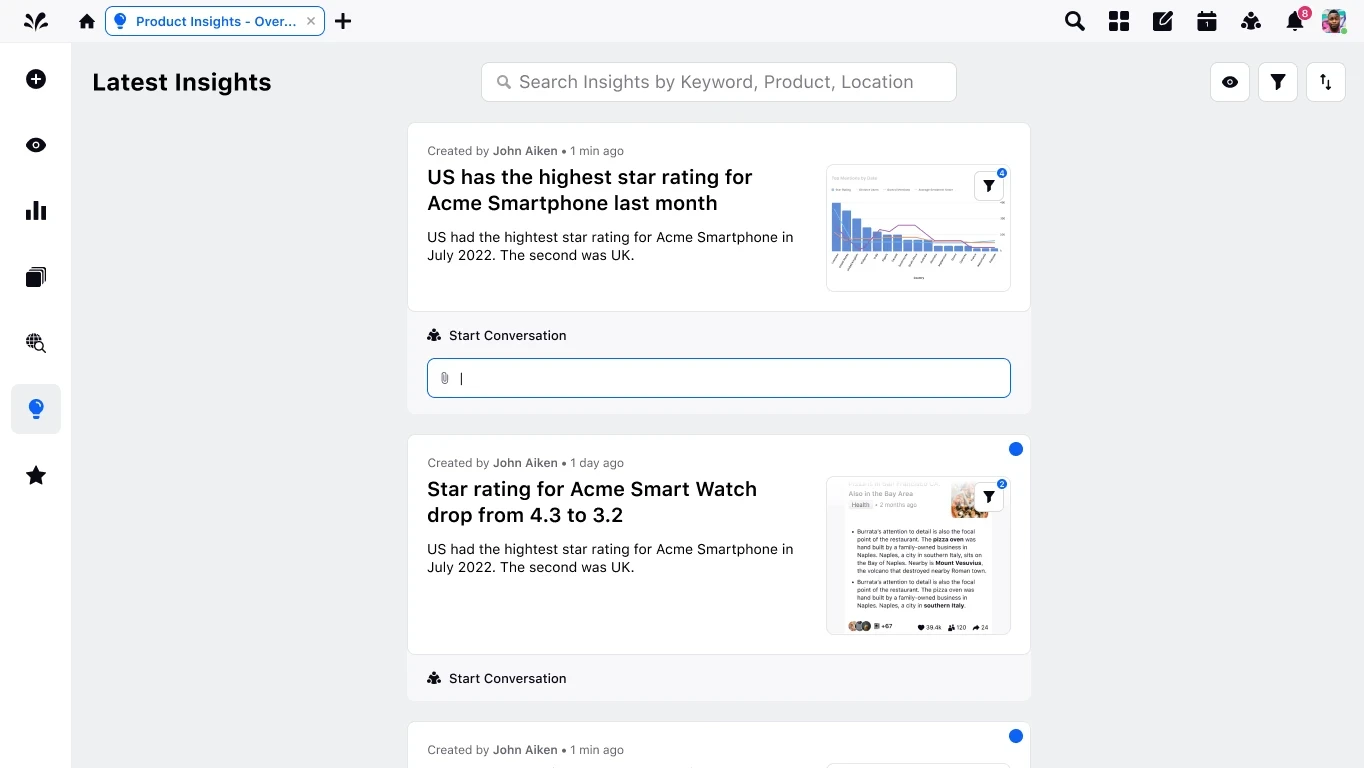 Latest Insights feed listing several insights, each with a chart preview and a start conversation field