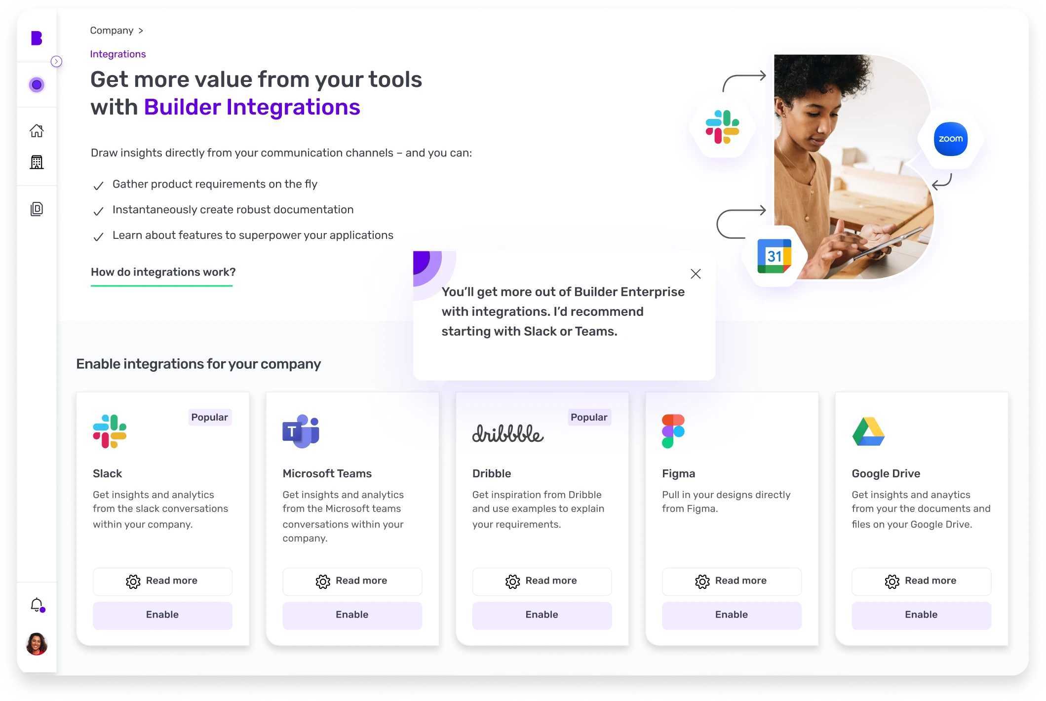 Integrations page with Natasha recommending Slack or Teams, and cards for Slack, Teams, Dribbble, Figma and Google Drive