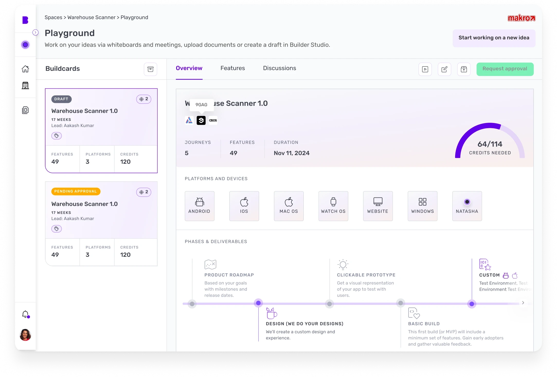 Playground: Buildcards in draft and pending approval, platforms, credits needed and a phases timeline