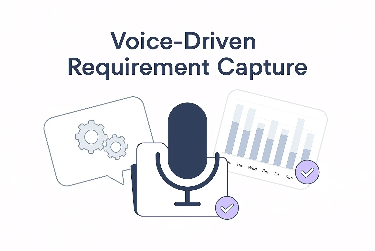 Illustration of a speech bubble, a microphone and a document for voice-driven requirement capture