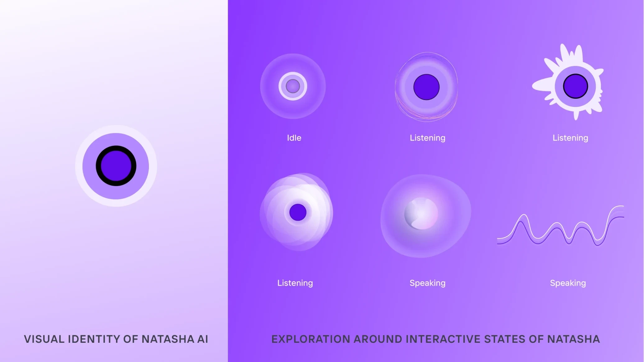 Natasha's visual identity, an orb, and explorations of her idle, listening and speaking states
