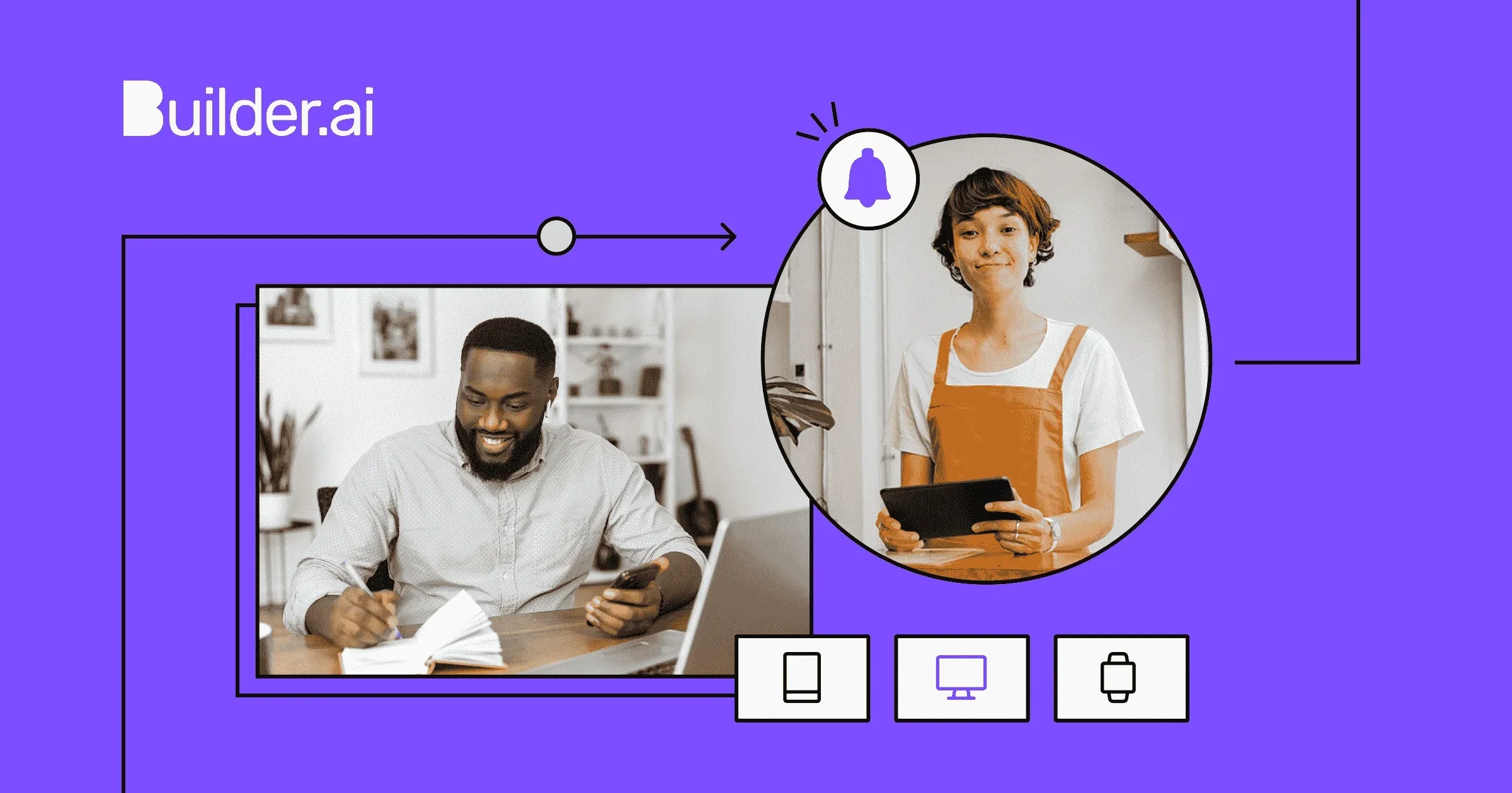 Builder.ai brand illustration: two people using their apps on phone, tablet and laptop, on purple